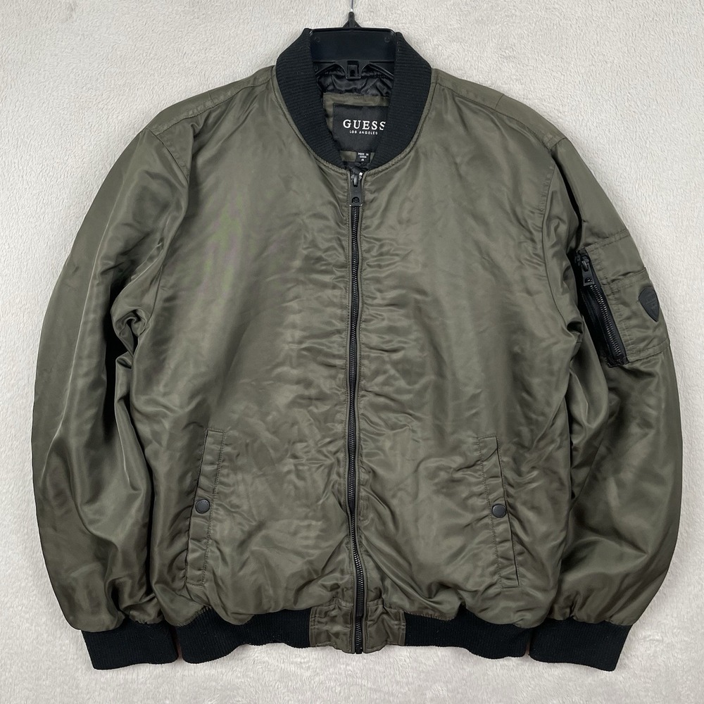 Guess Bomber Jacket Mens Medium Olive Green Full Zip Army Military